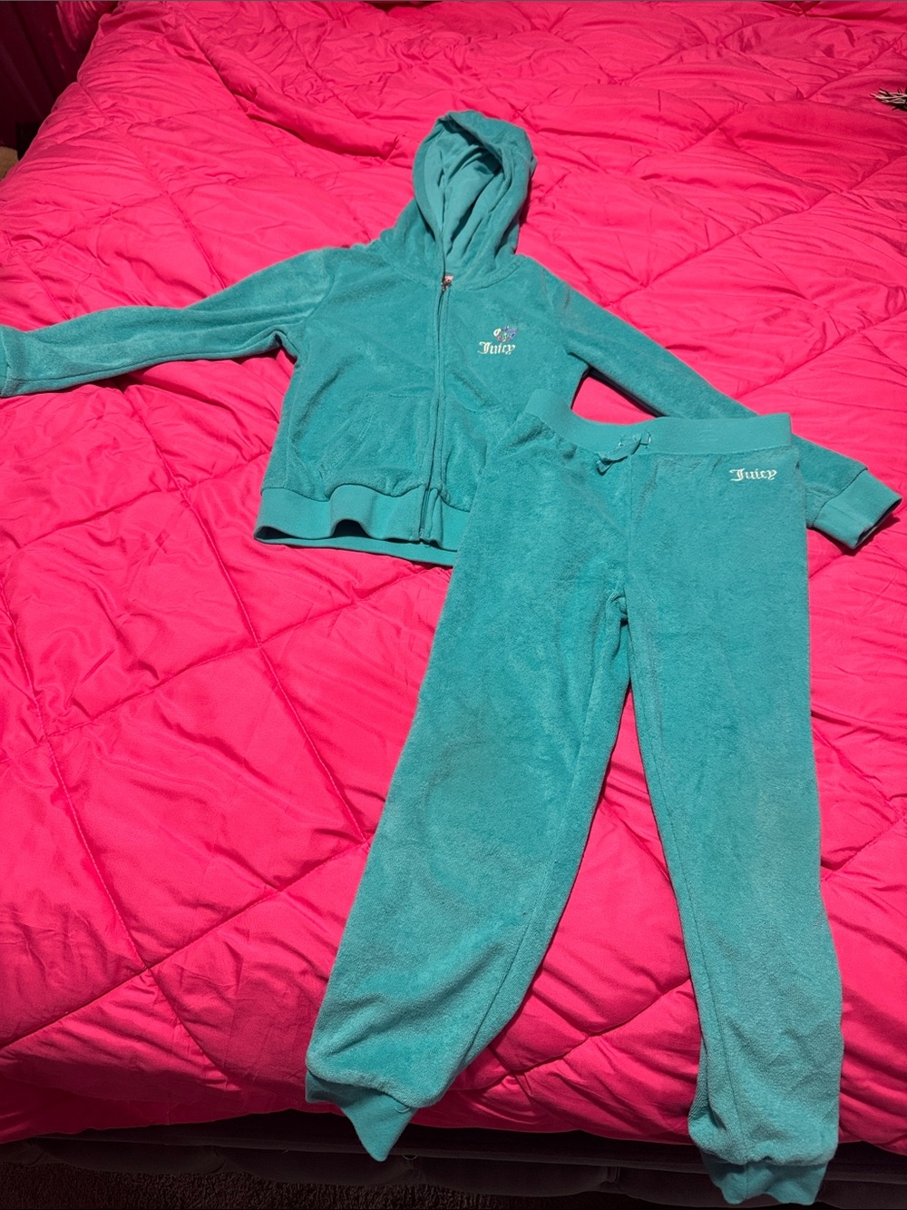 Juicy Couture Teal Velour Hoodie with Rhinestone Crest